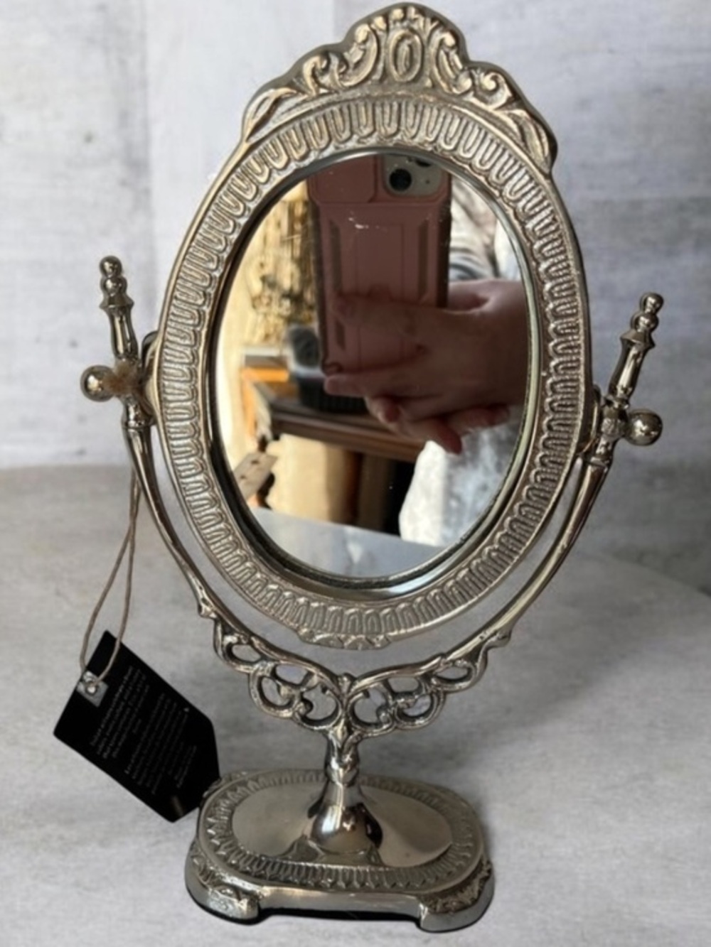 Silver tone metal antique style vanity mirror adjustable free standing 10” high